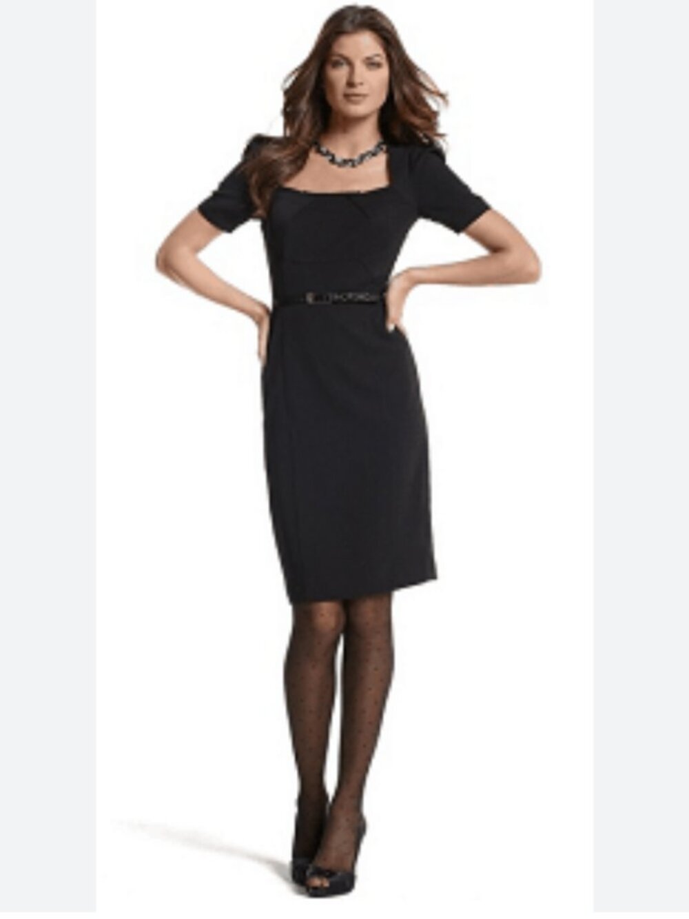 White House Black Market Square Neck Belted Short Sleeve Dress, Size 8, Black
